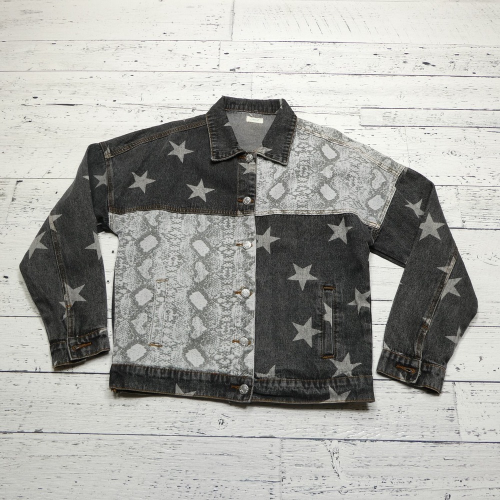 Blue Buttercup Jacket Womens M/L Gray Snake Skin Patriotic Denim Jean Oversized